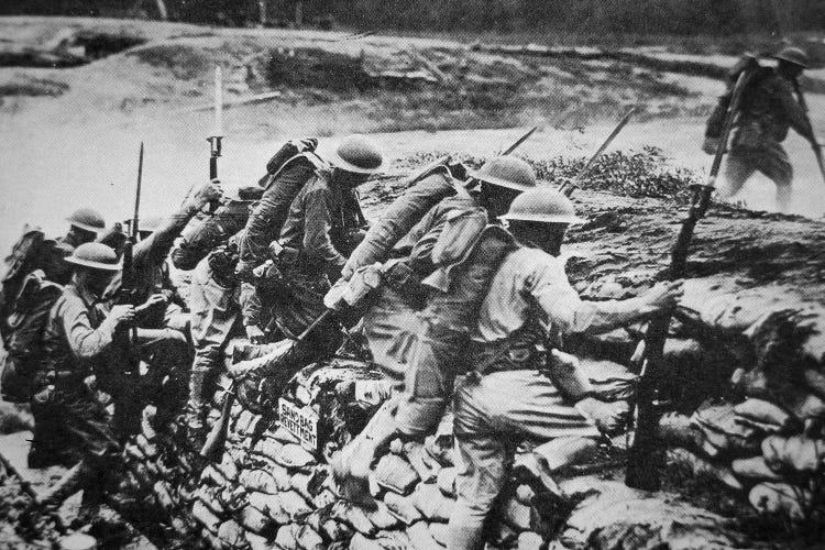 American infantry in WWI leaving their trench to advance against the Germans, 1918 