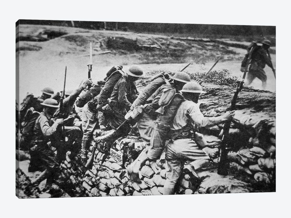 American infantry in WWI leaving their trench to advance against the Germans, 1918  by American Photographer 1-piece Canvas Artwork