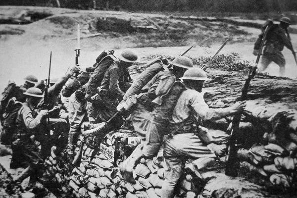 History: American infantry in WWI leaving their trench to advance against the Germans, 1918  by American Photographer