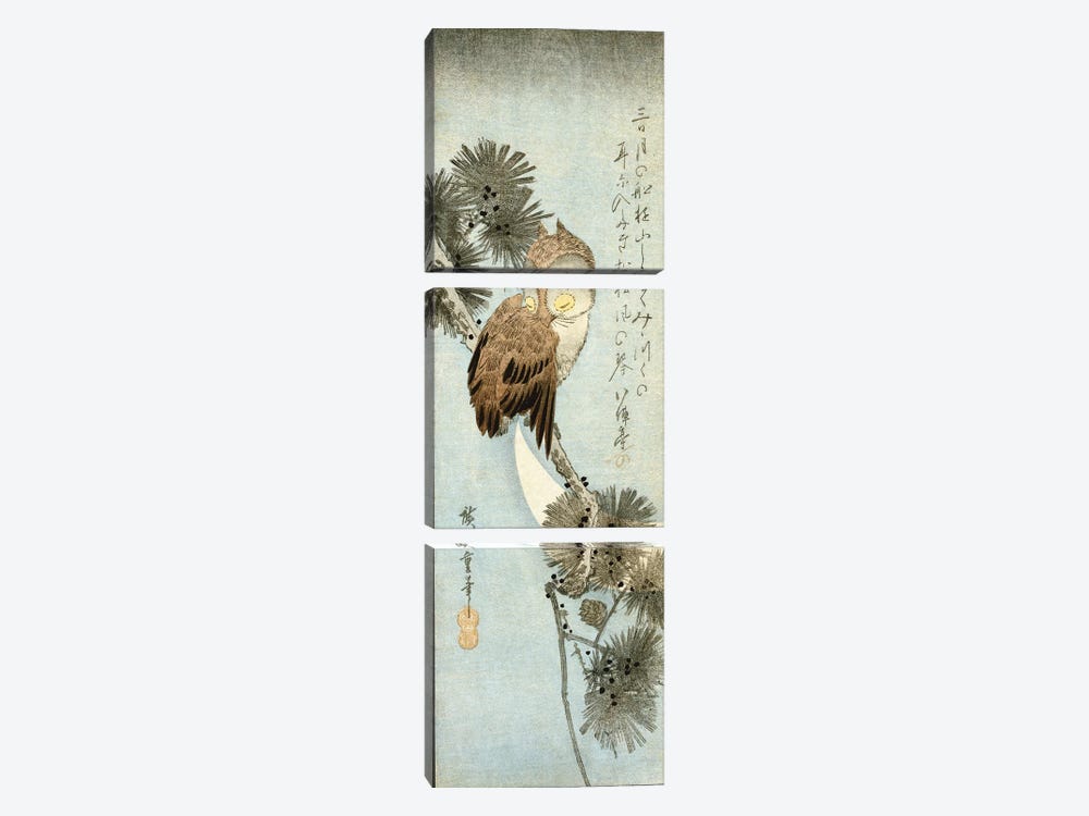 The Crescent Moon And Owl Perched On Pine Branches  by Utagawa Hiroshige 3-piece Canvas Art Print
