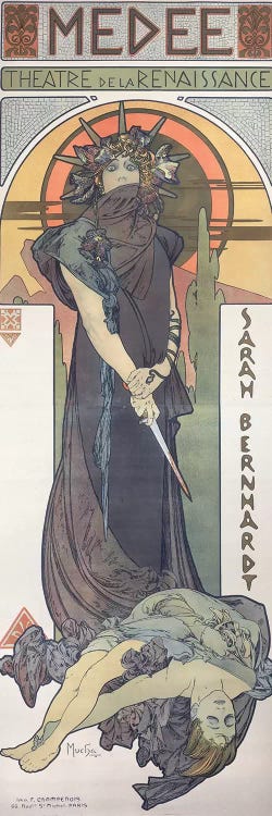 Sarah Bernhardt  as Medee at the Theatre de la Renaissance, 1898  by Alphonse Mucha wall art