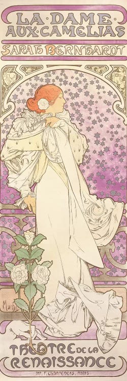 Sarah Bernhardt , La Dame aux Camelias, at the Theatre de la Renaissance, 1896  by Alphonse Mucha wall art