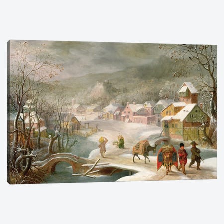A Winter Landscape with Travellers on a Path Canvas Print #BMN895} by Denys van Alsloot Canvas Art