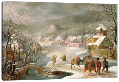 A Winter Landscape with Travellers on a Path Canvas Art Print