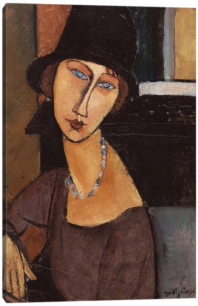 Jeanne Hebuterne wearing a hat, 1917  Canvas Art Print - Amedeo Modigliani