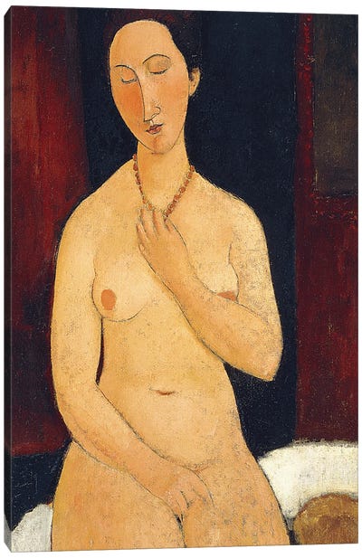 Sitting Nude with Necklace, 1917  Canvas Art Print - Amedeo Modigliani