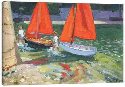 Girls With Sail Boats, Looe Canvas Art Print - Andrew Macara