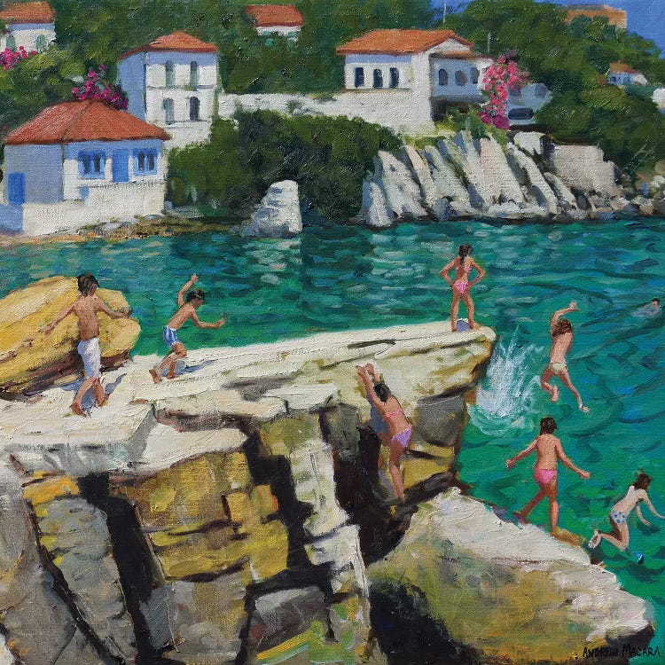 Jumping Into The Sea, Plates, Skiathos by Andrew Macara wall art