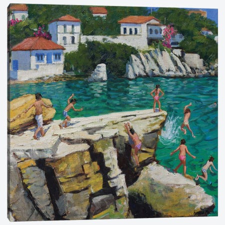 Jumping Into The Sea, Plates, Skiathos Canvas Print #BMN9044} by Andrew Macara Canvas Artwork