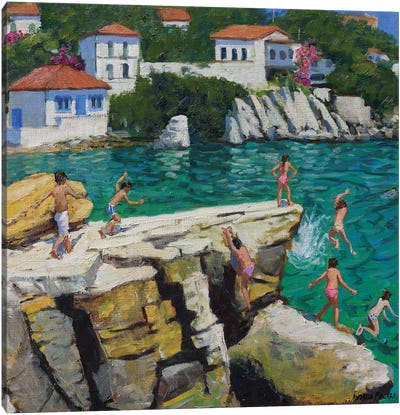 Jumping Into The Sea, Plates, Skiathos Canvas Art Print - Coastal Village & Town Art