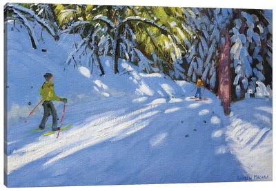 Skiing Through The Woods, La Clusaz Canvas Art Print - Rustic Winter