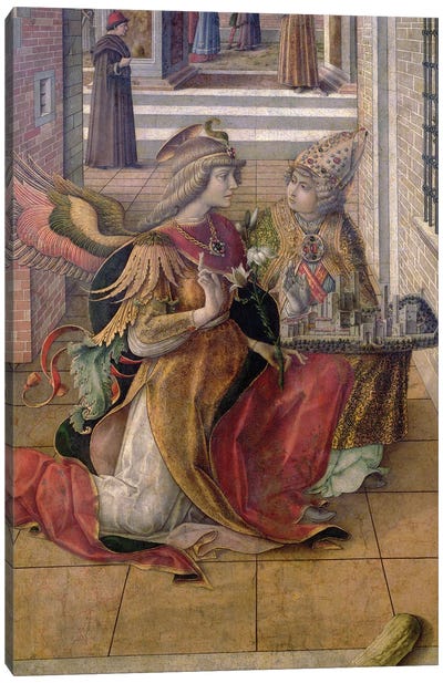 The Annunciation with St. Emidius, detail of the archangel Gabriel with the saint, 1486 Canvas Art Print