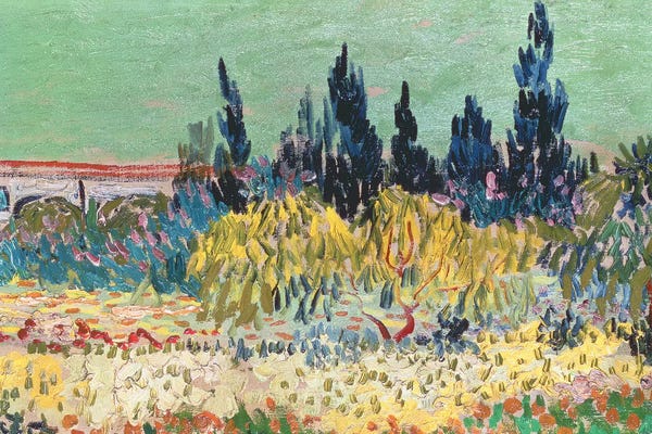 Impressionism: The Garden at Arles, detail of the cypress trees, 1888 by Vincent van Gogh