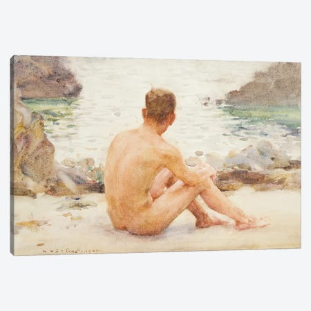 Charlie Seated On The Sand Canvas Print #BMN9126} by Henry Scott Tuke Art Print