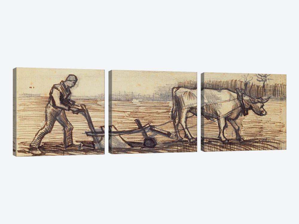 At the Plough, from a series of four drawings representing the four seasons by Vincent van Gogh 3-piece Canvas Print