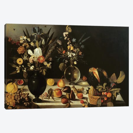 Still life with flowers and fruit, by Master of the Hartford Still Life, c.1600-10 Canvas Print #BMN9203} by Michelangelo Merisi da Caravaggio Canvas Art Print