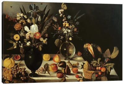 Still life with flowers and fruit, by Master of the Hartford Still Life, c.1600-10 Canvas Art Print