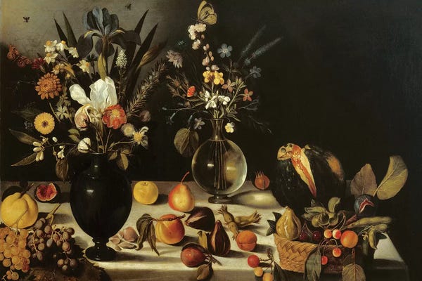 Baroque: Still life with flowers and fruit, by Master of the Hartford Still Life, c.1600-10 by Michelangelo Merisi da Caravaggio