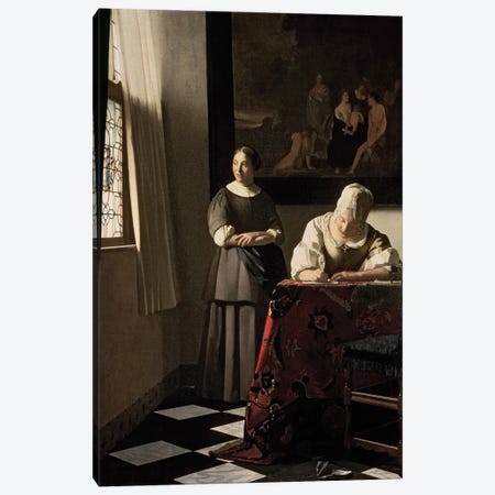Lady Writing A Letter With Her Maid Canvas Print #BMN9218} by Jan Vermeer Canvas Artwork