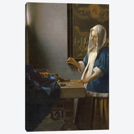 Woman Holding a Balance, c.1664 Canvas Print #BMN9231} by Jan Vermeer Canvas Artwork