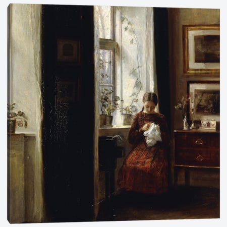 A Young Girl Sewing, Canvas Print #BMN9238} by Carl Holsoe Canvas Art