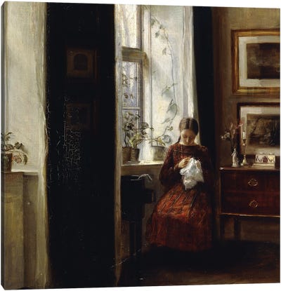 A Young Girl Sewing, Canvas Art Print