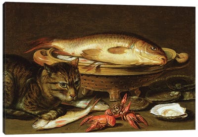 A still life with carp in a ceramic colander, oysters, crayfish, roach and a cat on the ledge beneath Canvas Art Print - Food & Drink Still Life