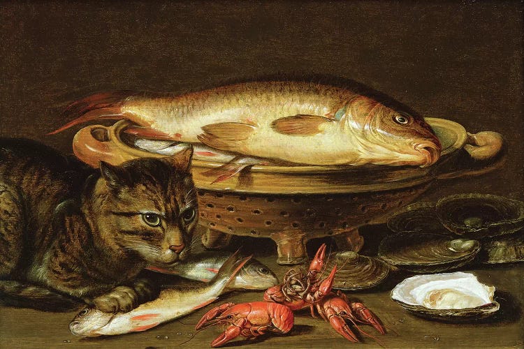 A still life with carp in a ceramic colander, oysters, crayfish, roach and a cat on the ledge beneath