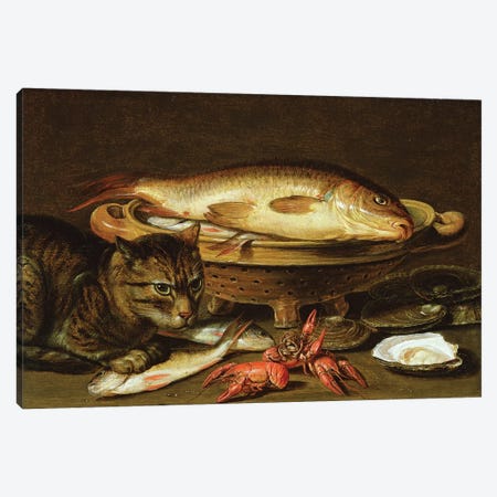A still life with carp in a ceramic colander, oysters, crayfish, roach and a cat on the ledge beneath Canvas Print #BMN9294} by Clara Peeters Art Print