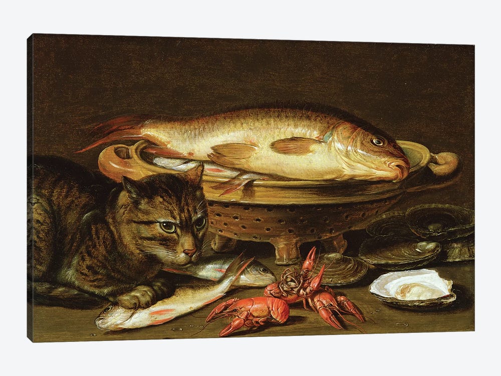 A still life with carp in a ceramic colander, oysters, crayfish, roach and a cat on the ledge beneath by Clara Peeters 1-piece Canvas Art