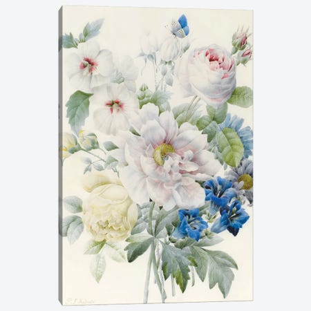 A Bunch of Flowers including a Peony, Roses, Hibiscus, Asters, Gentian and an Imaginary Blue Butterfly Canvas Print #BMN9313} by Pierre-Joseph Redouté Canvas Print