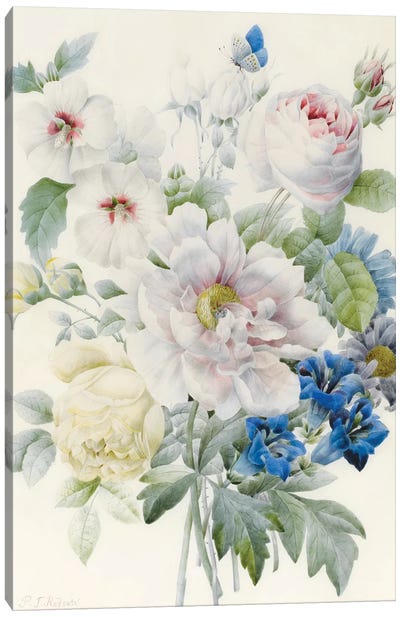 A Bunch of Flowers including a Peony, Roses, Hibiscus, Asters, Gentian and an Imaginary Blue Butterfly Canvas Art Print