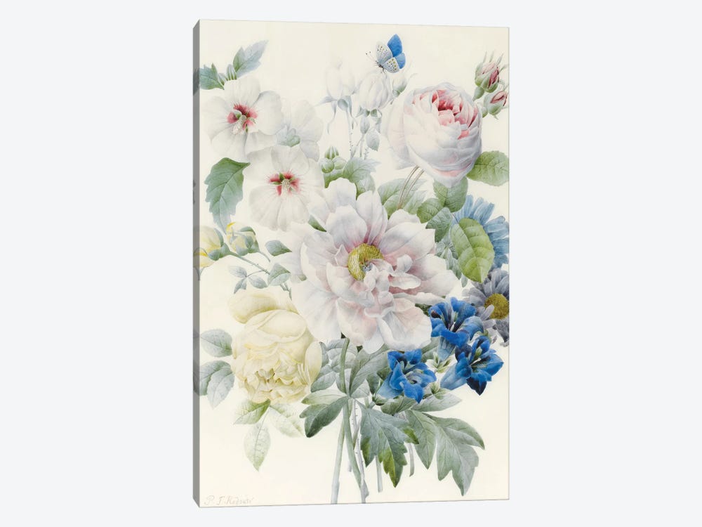 A Bunch of Flowers including a Peony, Roses, Hibiscus, Asters, Gentian and an Imaginary Blue Butterfly by Pierre-Joseph Redouté 1-piece Canvas Wall Art