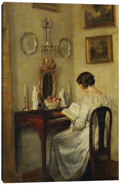 An Interior with a Girl Reading at a Desk Canvas Art Print