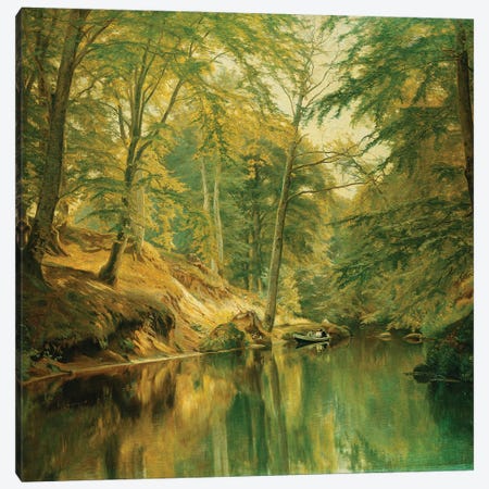 A Wooded River Landscape with Figures in a Boat, 1893 Canvas Print #BMN9397} by Christian Zacho Canvas Wall Art