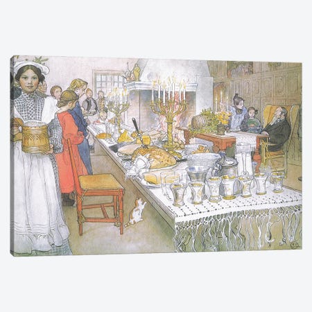 On Christmas Eve, the huge long table in the big hall is absolutely covered with the food Canvas Print #BMN9435} by Carl Larsson Canvas Print