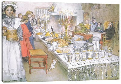 On Christmas Eve, the huge long table in the big hall is absolutely covered with the food Canvas Art Print - Carl Larsson