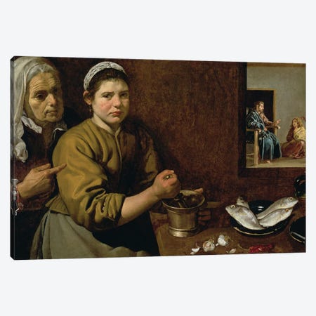 Kitchen Scene with Christ in the House of Martha and Mary, c.1618  Canvas Print #BMN9602} by Diego Rodriguez de Silva y Velazquez Canvas Art Print