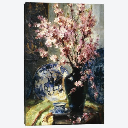 Apple Blossoms and Blue and White Porcelain on a Table,  Canvas Print #BMN9630} by Frans Mortelmans Canvas Art