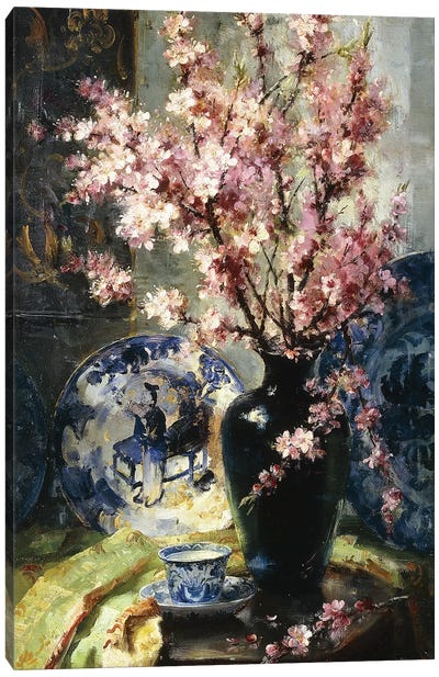 Apple Blossoms and Blue and White Porcelain on a Table,  Canvas Art Print