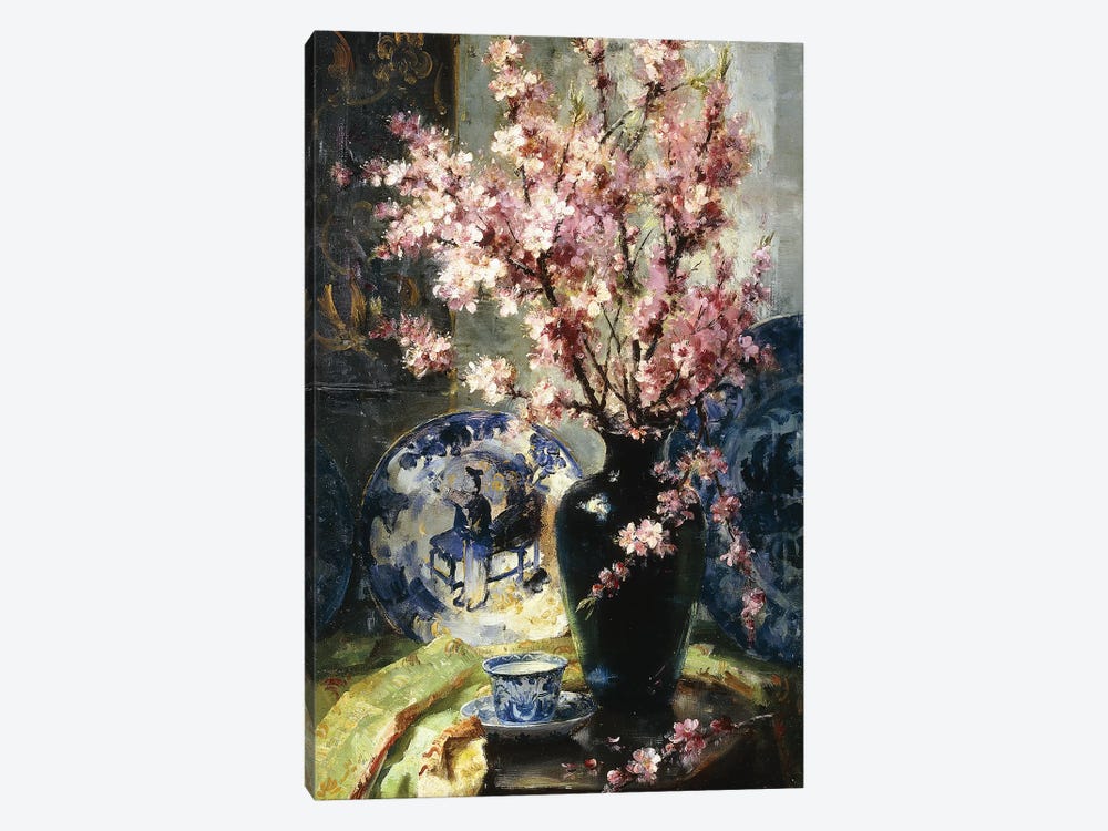 Apple Blossoms and Blue and White Porcelain on a Table,  by Frans Mortelmans 1-piece Canvas Art Print