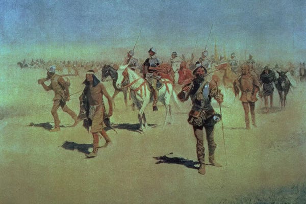 Hudson River School: Francisco Vasquez de Coronado  Making his Way Across New Mexico, 1905  by Frederic Remington