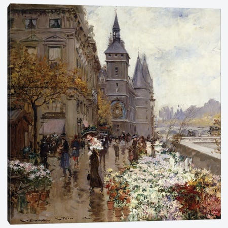 A Flower Market Along the Seine,  Canvas Print #BMN9654} by Georges Stein Art Print