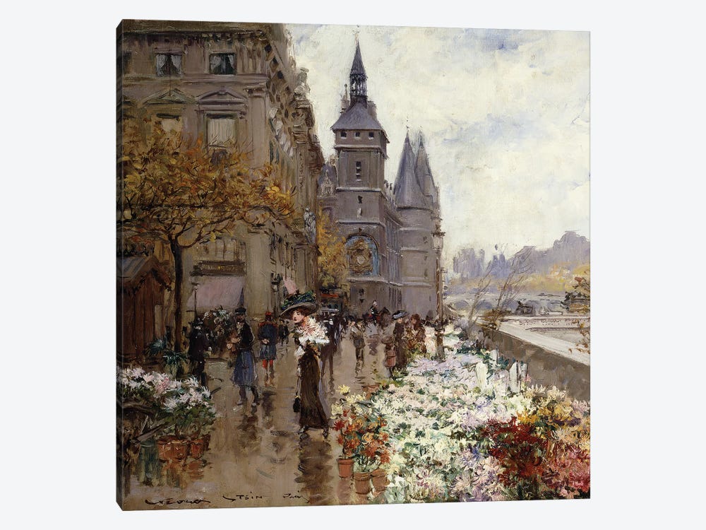 A Flower Market Along the Seine,  by Georges Stein 1-piece Canvas Art Print