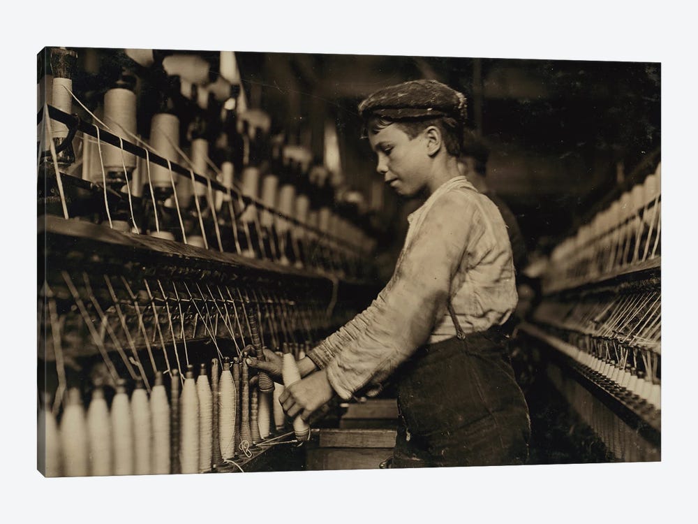 A doffer replaces full bobbins at Globe Cotton Mill, Augusta, Georgia, 1909  by Lewis Wickes Hine 1-piece Canvas Print