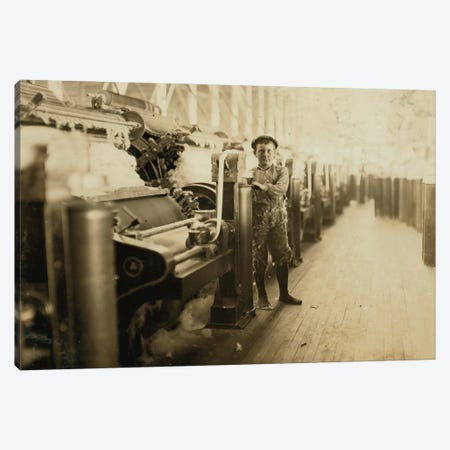 Boy sweeper by carding machines at Lincoln Cotton Mills, Evansville, Indiana in stockinged feet on a slippery floor, 1908  Canvas Print #BMN9673} by Lewis Wickes Hine Canvas Artwork
