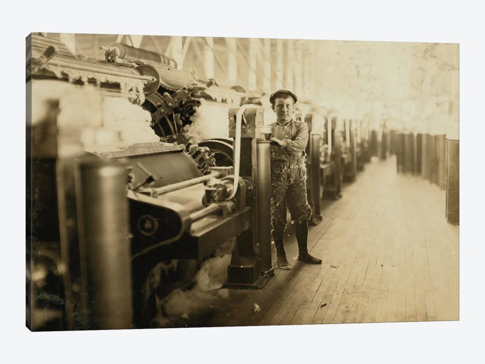 Boy sweeper by carding machines at Lincoln Cotton Mills, Evansville, Indiana in stockinged feet on a slippery floor, 1908  by Lewis Wickes Hine 1-piece Canvas Artwork