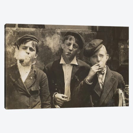 Three Young Newsboys Smoking, Saint Louis, Missouri, USA, 1910  Canvas Print #BMN9677} by Lewis Wickes Hine Canvas Print