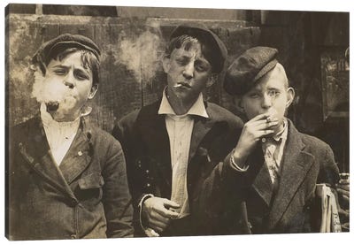 Three Young Newsboys Smoking, Saint Louis, Missouri, USA, 1910  Canvas Art Print - Vintage & Retro Photography