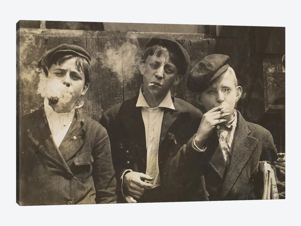 Three Young Newsboys Smoking, Saint Louis, Missouri, USA, 1910  by Lewis Wickes Hine 1-piece Canvas Wall Art